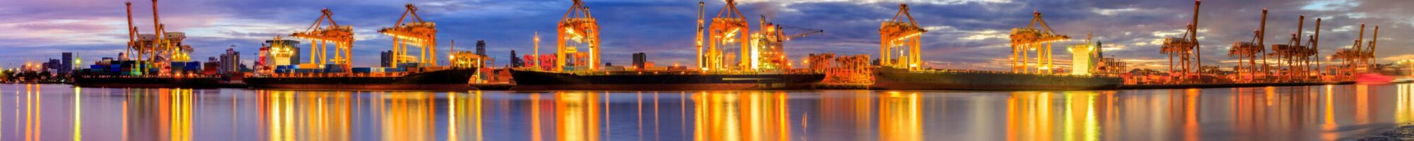 Panorama image working crane loading bridge in shipyard Port